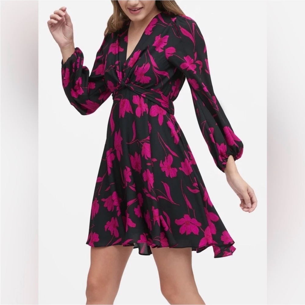 Banana Republic Black & Magenta Pink Floral Puff-Sleeve Dress Size 12